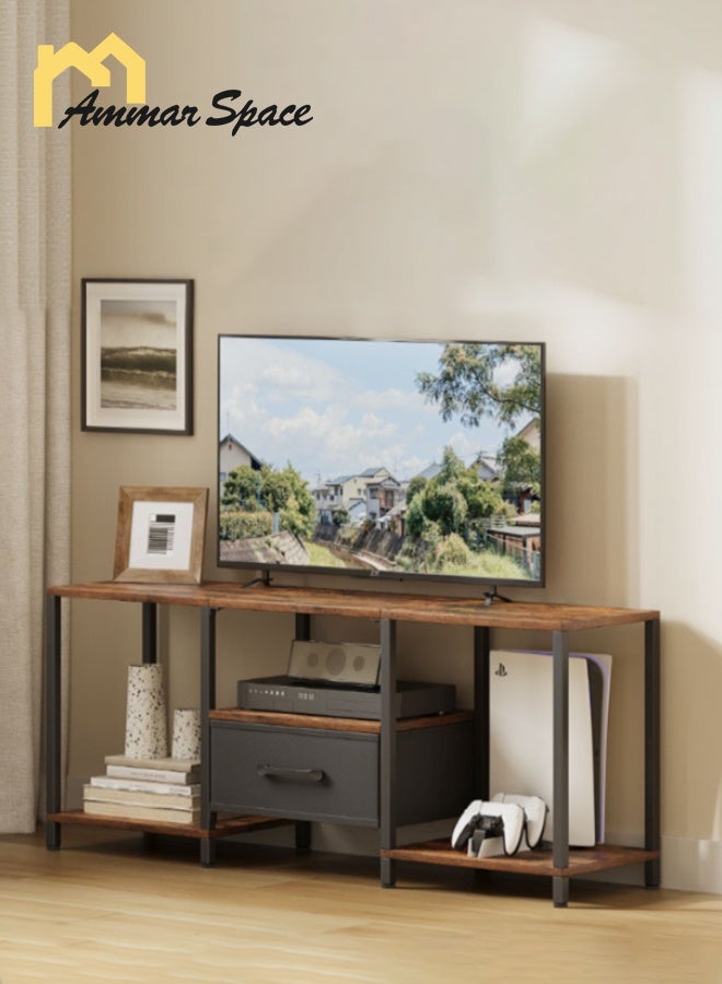 Ammar Space Rustic TV Stand with Storage Entertainment Center with Open Shelves and Fabric Drawer Media Console for 55 Inch TV Television Stands for Living Room, Bedroom, Brown - Image 2